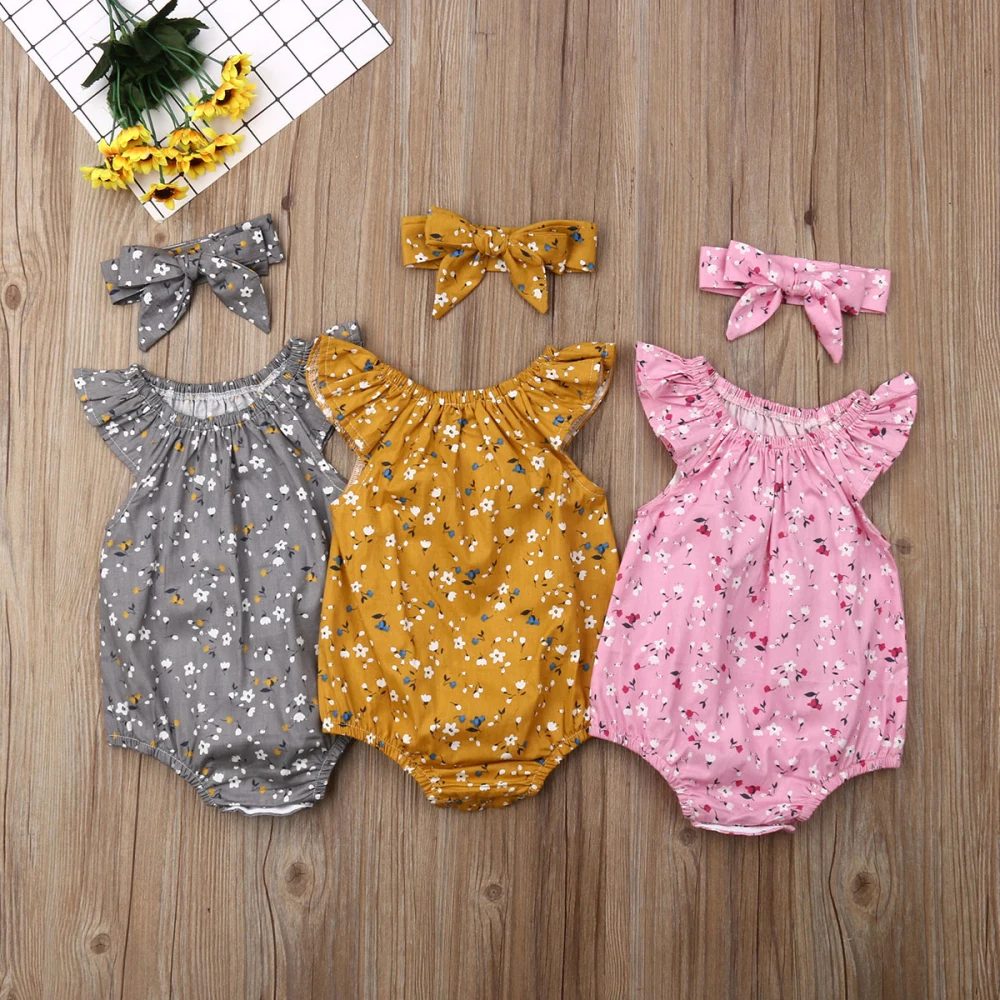 2020 Baby Poletnih Oblačil Novorojenega Dojenčka Baby Girl Obleke brez Rokavov Cvetlični Obleka, naglavni Trak 2 pc Jumpsuit Playsuit Obleko