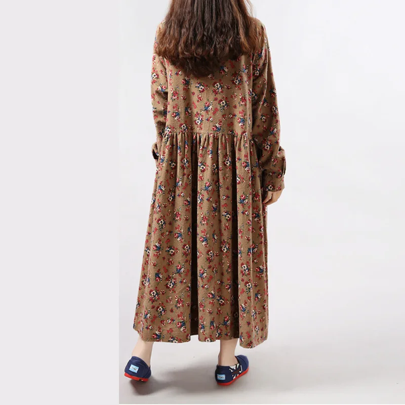 2020 Nove Ženske Obleke Jeseni, Pozimi Letnik Tiskanja Priložnostne Dolg Rokav Retro Bombaž Maxi Haljo Tunika Cvetlični Velik Plus Velikost Obleko XL