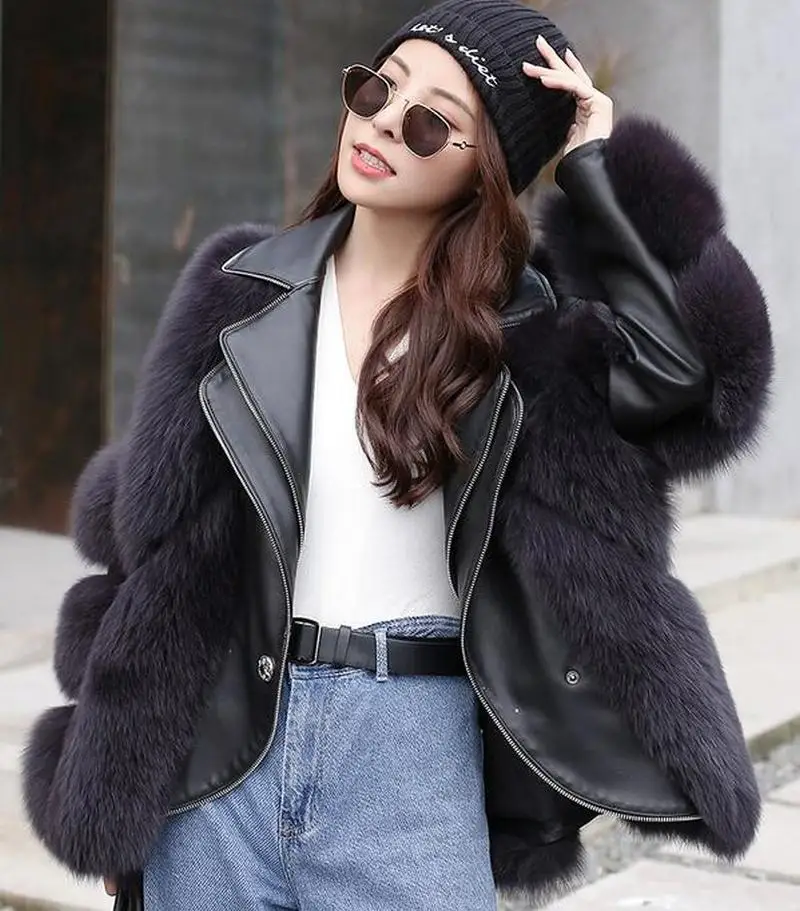 2020 Nove Ženske Originalne Usnjene Jakne Dvojno River Ovratnice Fox Fur Coats Pozimi Toplo Krzno Oblačila, Površniki Moda Outwear