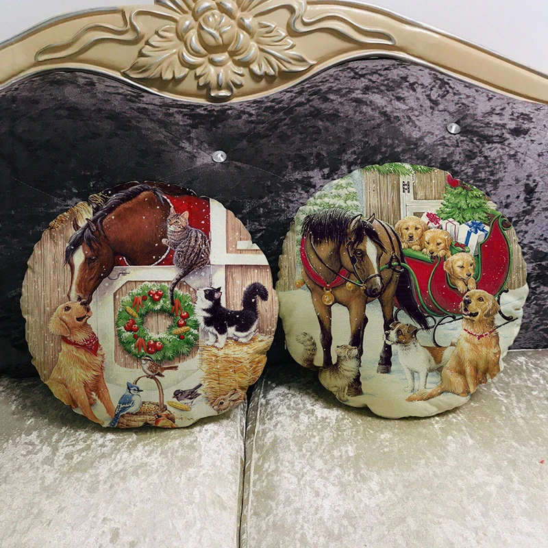 45*45 cm Ročno Poslikane Božična Risanka Konj mačka okrogle Blazine Pokrov in Kavč Vzglavnik Domu Dekorativni Vzglavnik Kritje YX482