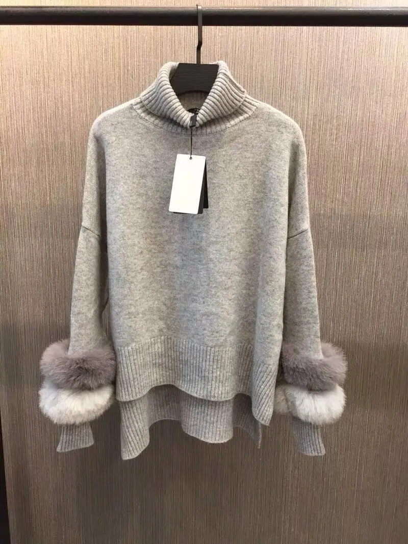 DEAT 2021 novo jeseni in pozimi turtleneck flare fox pravi krzno visoke kakovosti pletenje elastična puloverju ohlapen pulover WO24000L