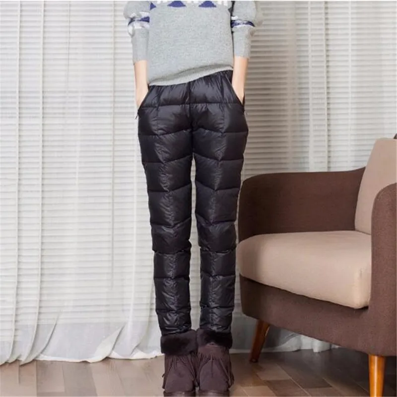 Dol hlače ženske visoko pasu zgosti double-sided (obojestransko), bela raca navzdol zunaj toplo bombaž hlače na prostem smučarske hlače