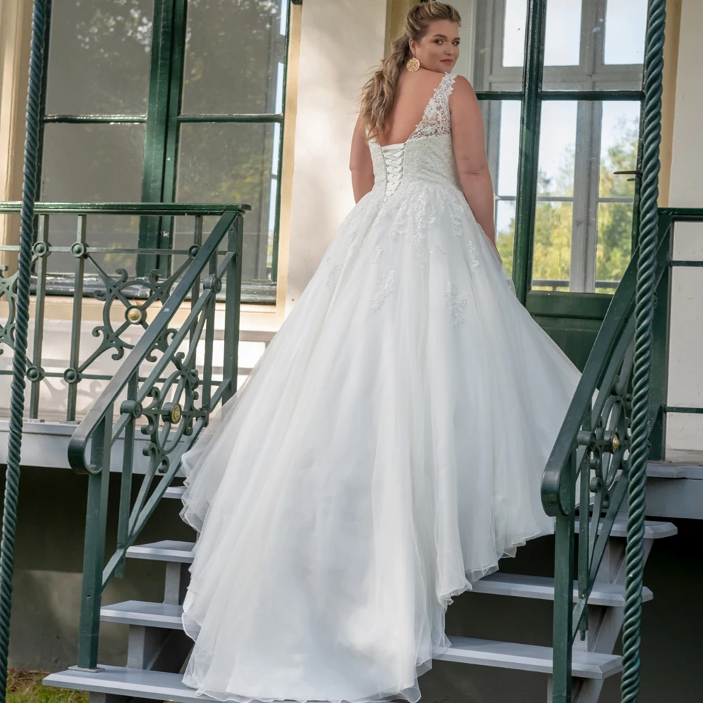 Eleganten V-izrez Appliqued Plus Velikost Poročna Obleka, narejena po Meri Organza Čipke-up-line Poročne Obleke 2020 Haljo de Mariage