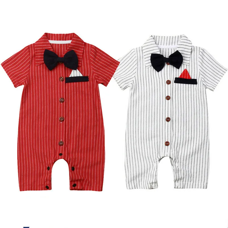 Gospodje Baby Boy Novorojenčka Bowtie Trak Romper Jumpsuit Obleke Formalno Svate Kratek Rokav En Kos Obleke Poletje