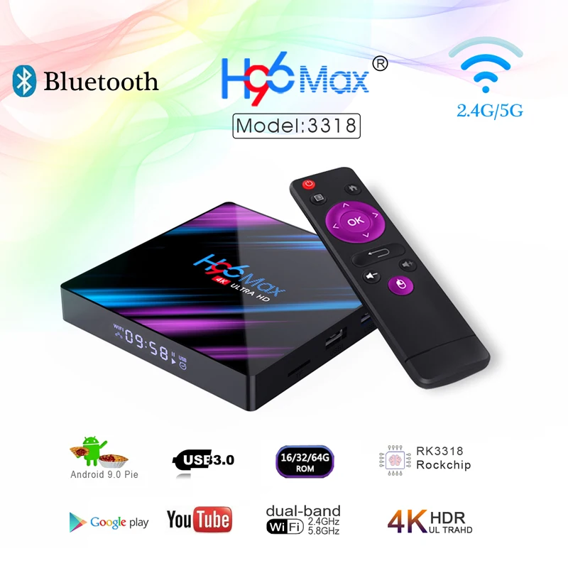 H96 MAX 9.0 Android Smart TV Box 4GB + 64GB Brezžični IPTV Polje 4K USB Set Top Box WiFi 5G Za Netflix Youtube v storitvi Google Play