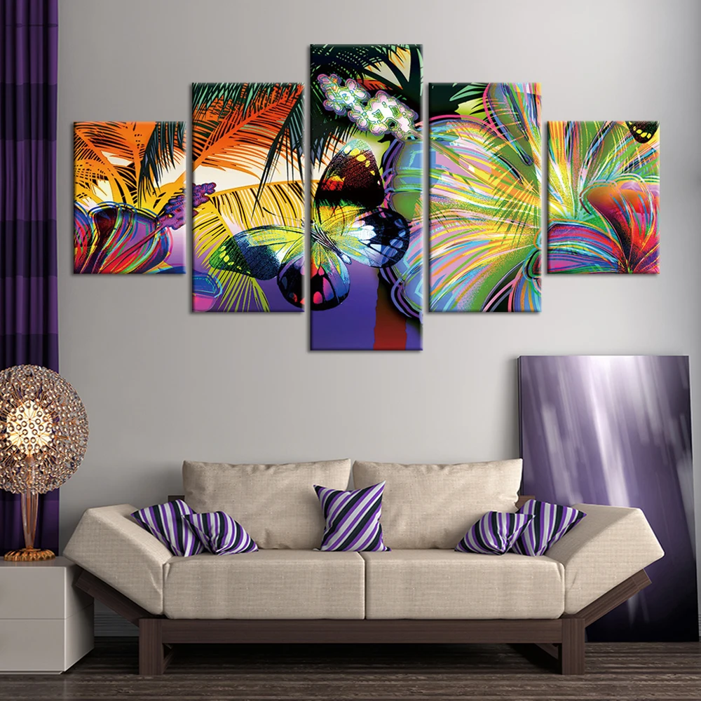HD Natisne 5 Plošče Fotografij, Platno Natisne Rože in metulji Slikarstvo Wall Art Za Dnevna Soba Dekoracijo Doma
