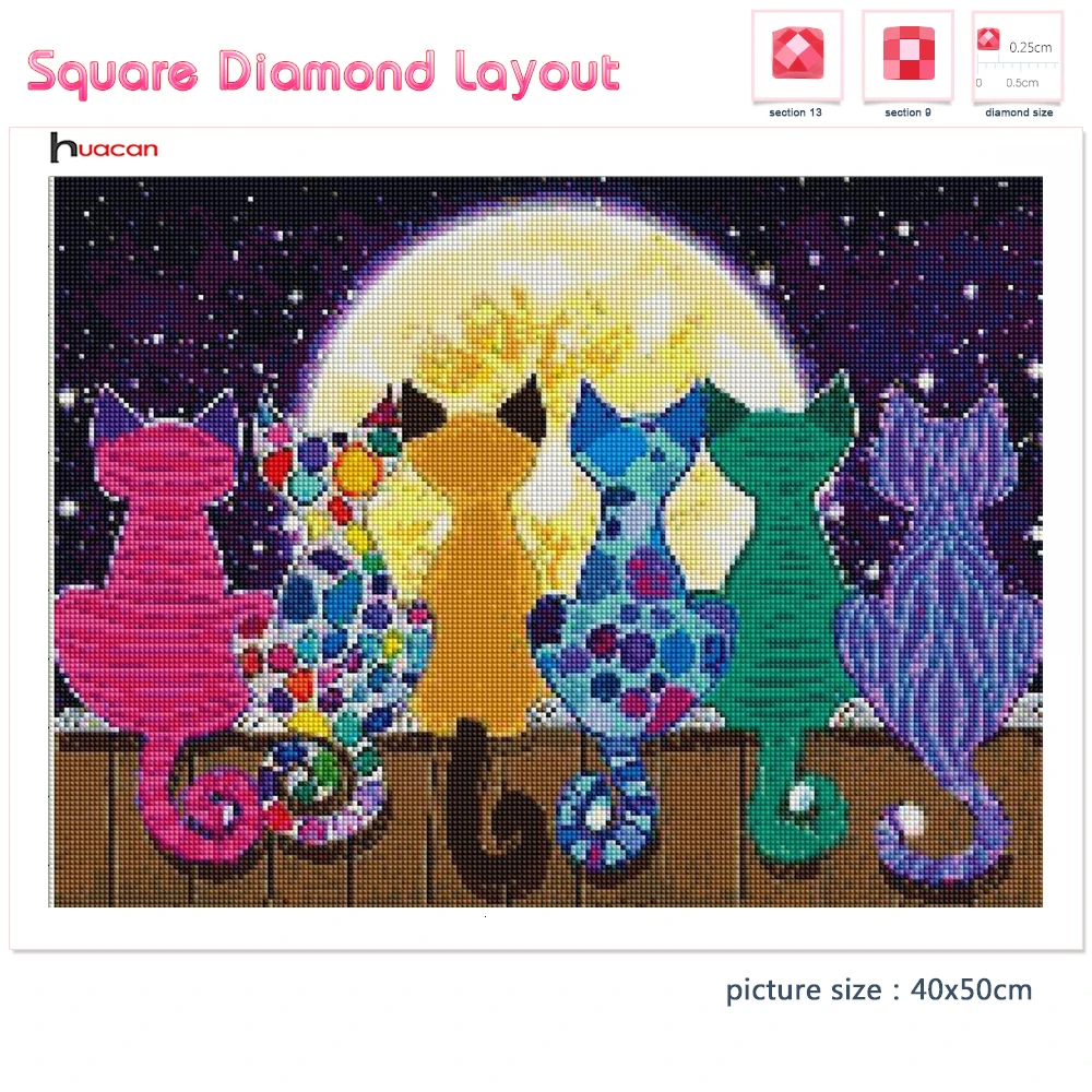 Huacan Mačka Diamond Slikarstvo 5d Kmetija Doma Dekor Mozaik Luna Navzkrižno Šiv Vezenje Živali Diamantno Art