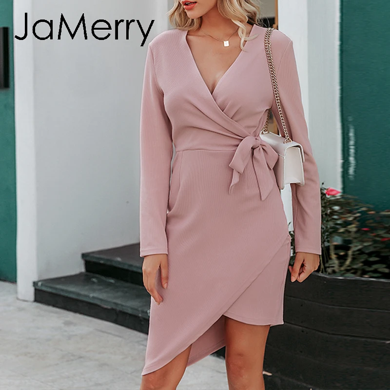 JaMerry Letnik seksi pleteno obleko Elegantno visoko pasu roza lok dolg rokav obleka Priložnostne urad dama jesensko zimski pulover obleko