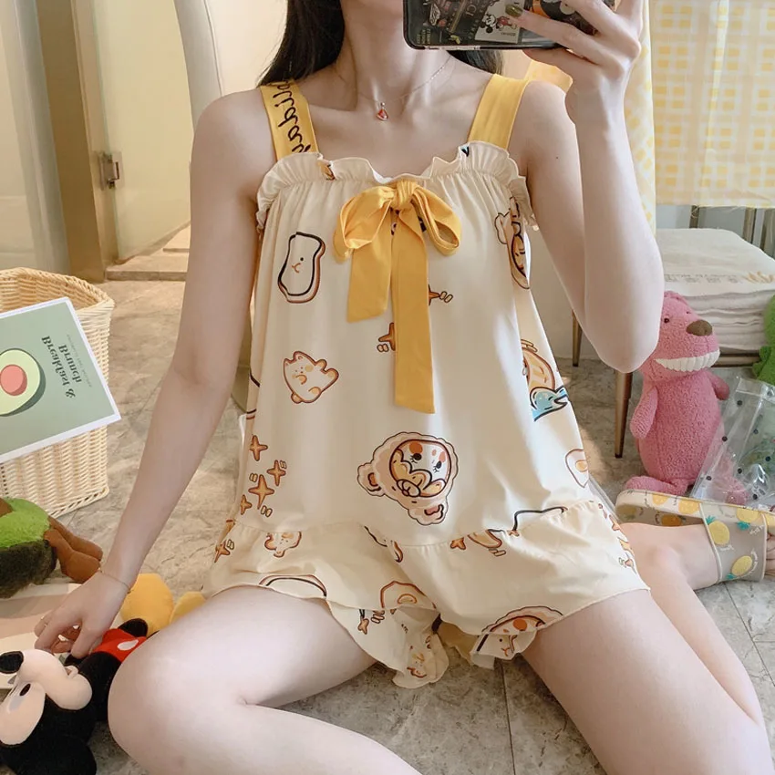 Korejska Japonski Različici Srčkan Sleepwear za Ženske Kawaii Risanka Pižamo Nastavite Suspender Vrh Hlače z Lok Kravato Salon Obrabe