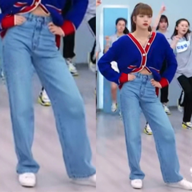 Kpop korejski Slaven novo modro V-vratu pletene cardigan pulover plasti+svoboden priložnostne Naravnost jeans hlače ženske Dva-delni set