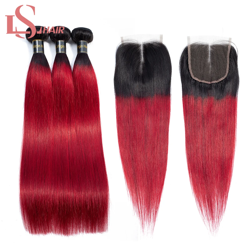LS Lase ombre barvne remy človeških las 1B/99J/350/Burgundija/roza/Rdeče lase 3 snope z čipke zaprtje 4*4 ravne lase razširitve