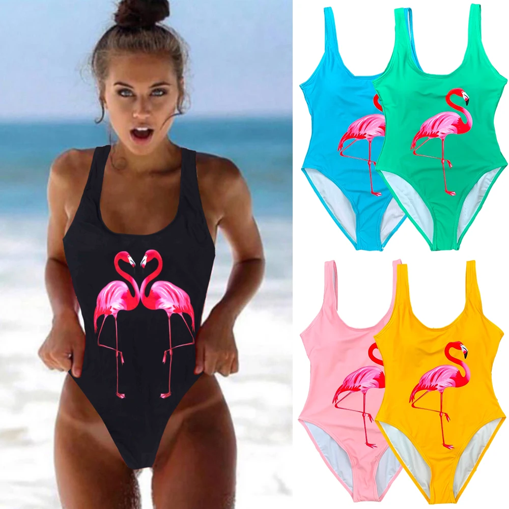 M&M 2019 Novo En Kos Kopalke Flamingov Natisnjeni Ženske Poletje Bela Črna Backless Seksi Kopalke Kopalne Plažo Bodysuit