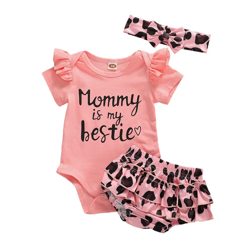 Newborn Baby Toddler Dekliška Oblačila Kratek Rokav Romper Vrh Leopard Ruffle Hlače Glavo Obleke Nastavite 0-24M