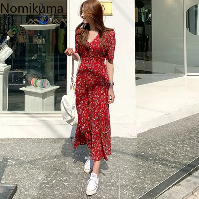 Nomikuma V Vratu Kratek Rokav Vintage Obleko Ženske Cvjetnim Natisne Vitek Pas Obleke Ženska korejski Elegantno Vestidos Mujer 3c114