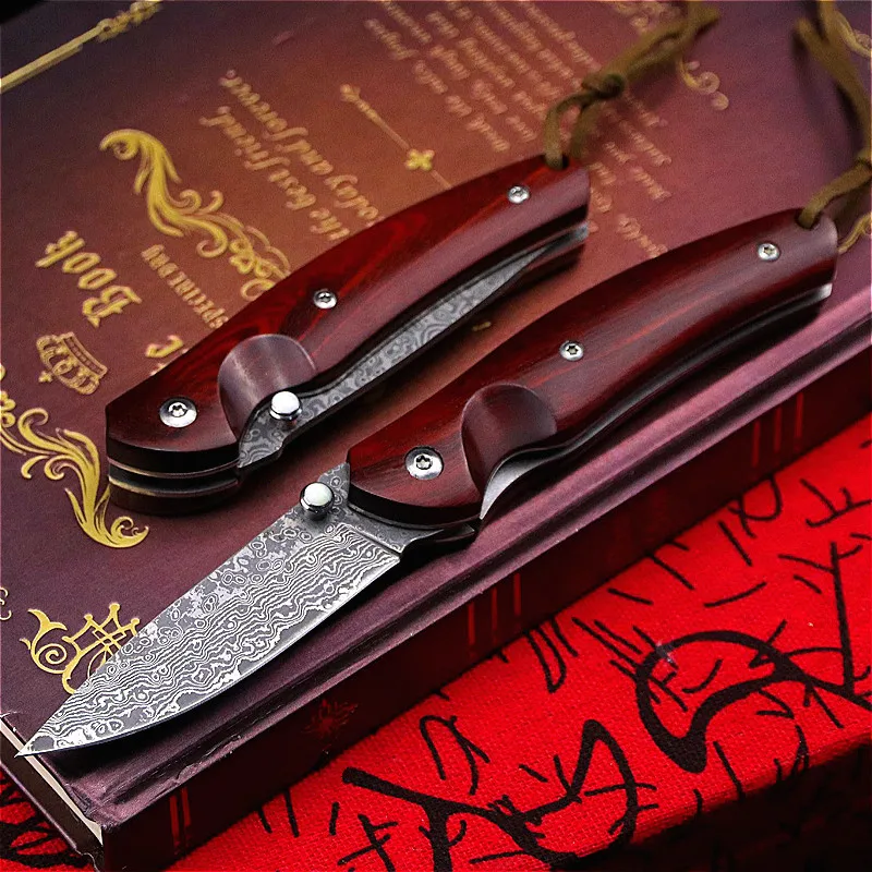 PEGASI Rdeče sandalovine Damask jekla, zložljiv nož oster žep folding nož v Damask nož zunanja zložljiva taktično nož