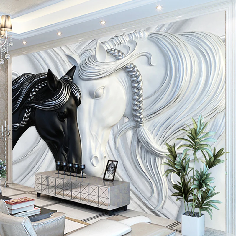 Po meri Foto Tapete Za Stene 3D Art Moda Freske Črna Bela Dvojna Konj Reliefni netkane Ozadje Stenske Obloge