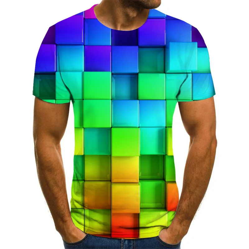 Poletne moške 3D očesa kvadratnih pisane tiskanja kratek sleeved majica s kratkimi rokavi moški je geometrijski vzorec krog vratu velikosti majica fashion