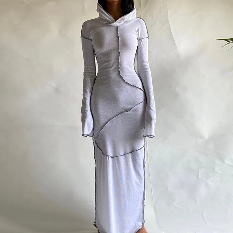 SHUJIN 2021 Ženske obleke Long Sleeve Hooded Mozaik Suh Maxi Obleko Jeseni, Pozimi Ženske Modni Ulične Priložnostne Obleke