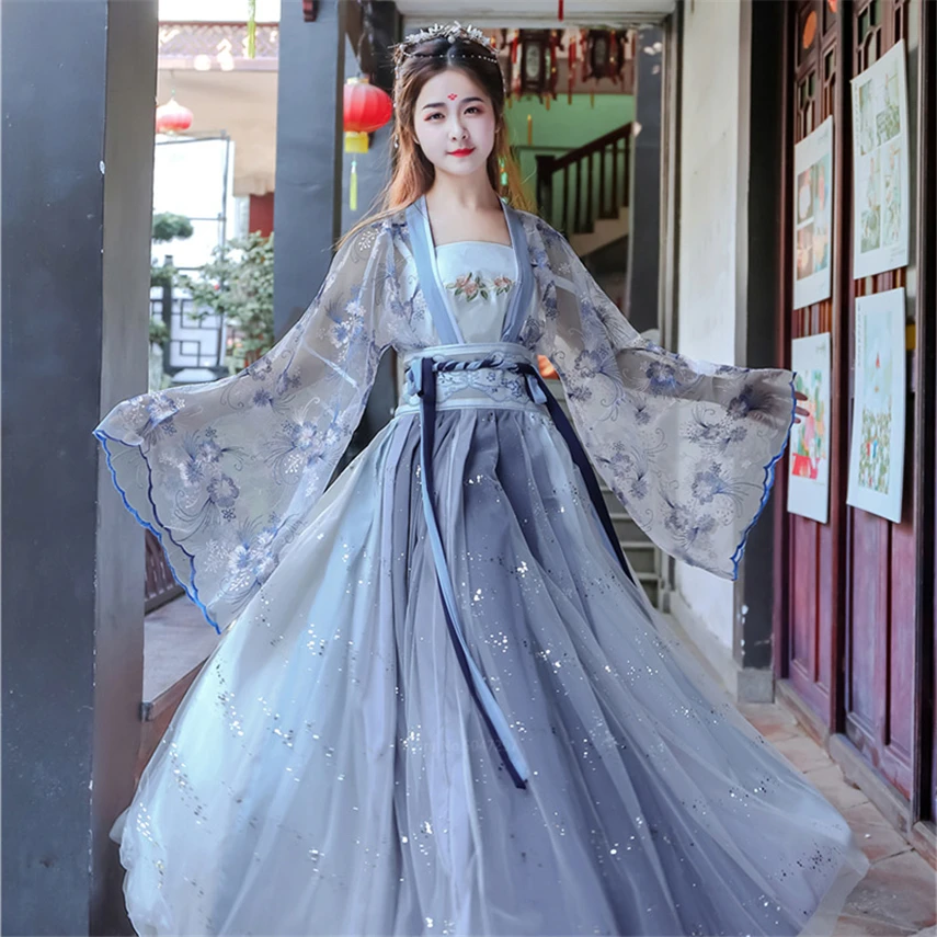 Starodavne Kitajske Pravljice Kostum Ženske Hanfu Obleko Palace Vezenje Dekle Tradicionalna Oblačila Cosplay Folk Dolgo Haljo Letnik Stranka