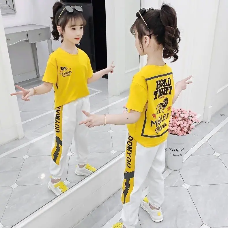 Trenirka za Dekle Leta 2020 Poletje Hop Šport Priložnostne Obleko Ženski korejska Različica Svoboden Kratek Rokav T-shirt Sopihanje 2 Delni Set