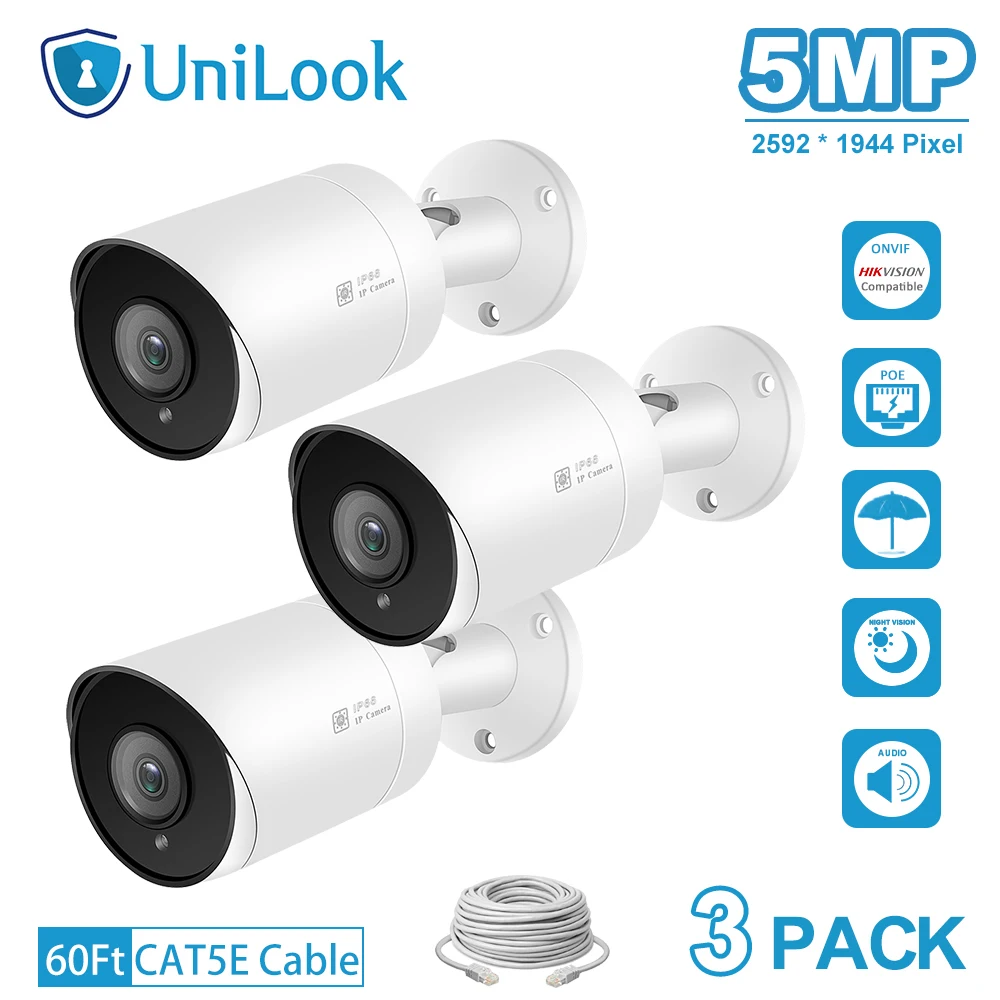 UnilLook 5MP Bullet IP Kamero 3PCS Onvif POE Vgrajen Mikrofon, Reža za Kartico SD IR 30 m Varnostne Kamere na Prostem IP 66 H. 265 ONVIF