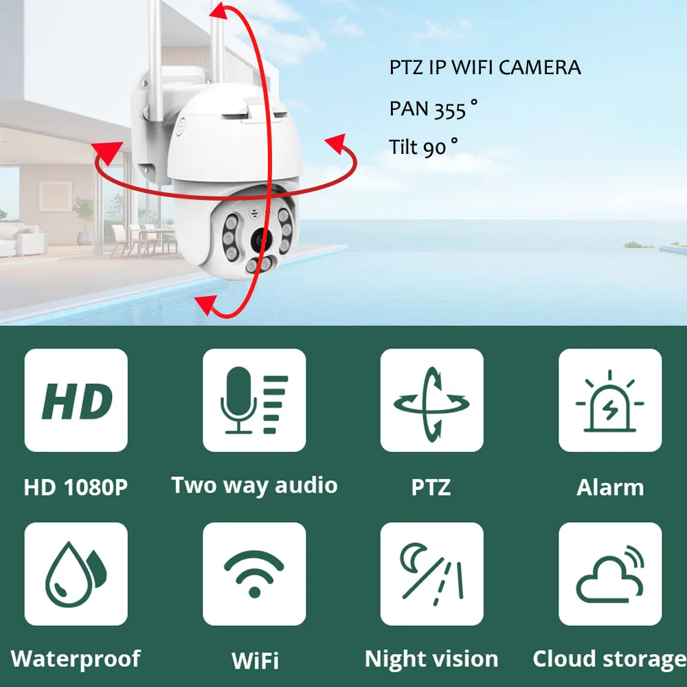 WIFI PTZ Kamere na Prostem 1080P HD Brezžične Kamere IP66 Nepremočljiva Vrtenje Alarm IR Zaznavanje Gibanja, Nočno gledanje dvosmerni Audio