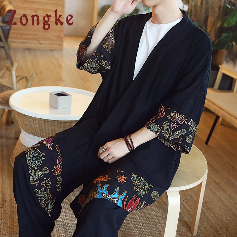 Zongke Kitajski Dolgo Kimono Jopico Plašč Japonski Kimono Moški Suknjič Ulične Mens Kimono Jakna Moški Hip Hop Windbreaker 2021