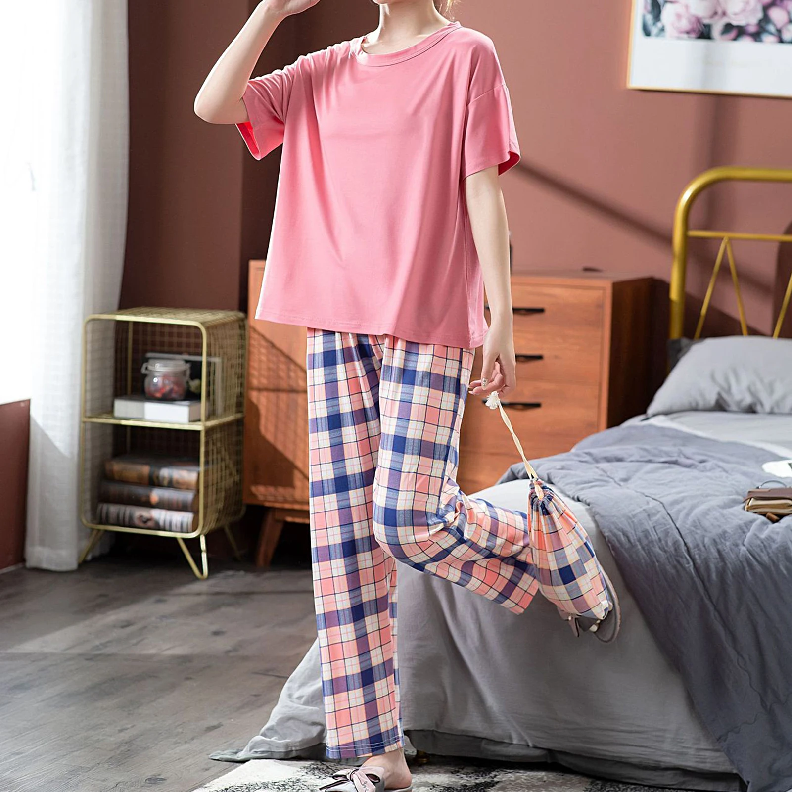Ženske Jeseni Pižamo Kratek Rokav O Vratu T-shirt Bluzo Kariran Hlače Svoboden Pižamo Sleepwear Nastavite Plus Velikost 2XL Nightshirt