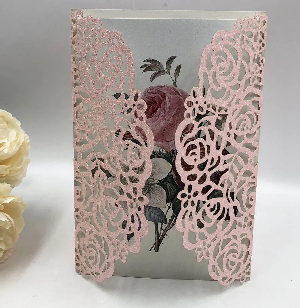 10pcs rose zlato poroko povabila burgundija Blush Pink Srebrne Bleščice laser cut žep vabi kartice za poročne tuš