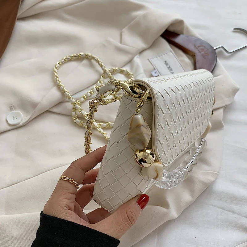 2020 Nove Luksuzne Ženske Pletenje Torba Oblikovalec Torbici Verige Beading Messenger Bag PU Usnja Dame Verige Crossbody Vrečko