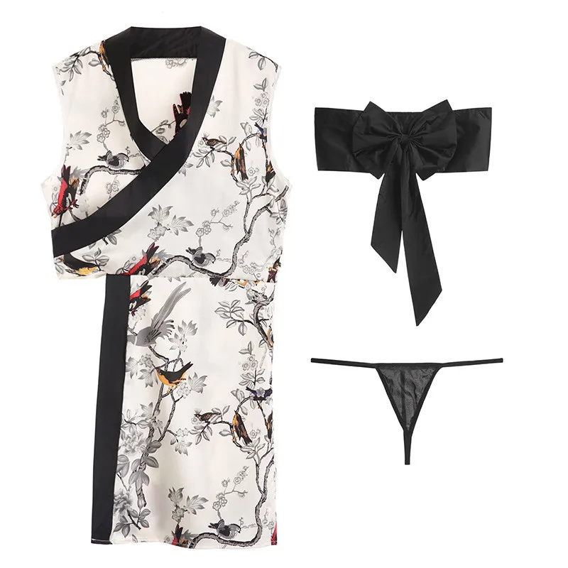 2020 Retro Tradicionalnih Kimono Nightgown Seksi Brez Rokavov Stranske Razporke Očarljivo Kimono Eni Strani Valoviti Tanke Cvjetnim Natisne Sleepwear