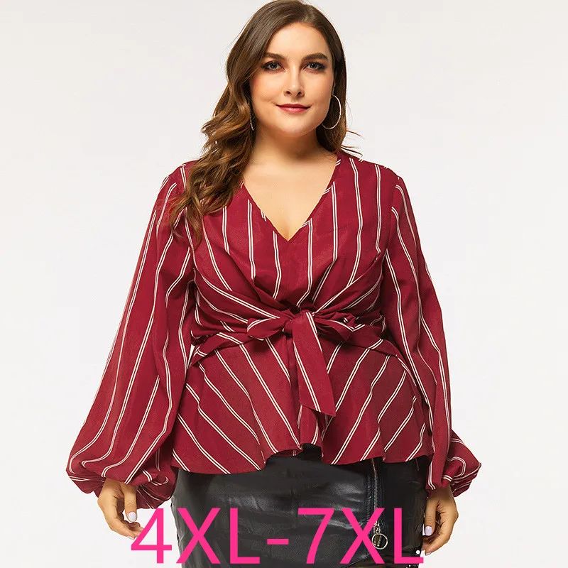 2021 pomlad jesen plus velikost vrhovi za ženske velika bluzo z dolgimi rokavi svoboden priložnostne stripe V neck majica s pasom rdeče 4XL 5XL 6XL 7XL