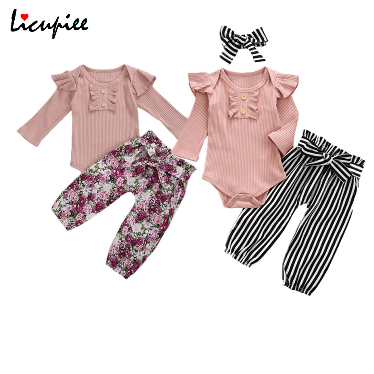 3pcs Dojenčka Newborn Baby Dekle Oblačila Sveže Trdna Dolgimi Rokavi Jumpsuit in Cvetlični Trak Dolge Hlače z Glavo 0-24 Mesecev