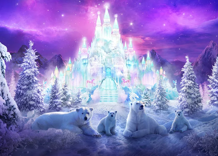 Barvita Grad Medved Winter Wonderland Ozadje Vijolično Noč Otrok Rojstni dan Ozadja za Foto Studio Vinil