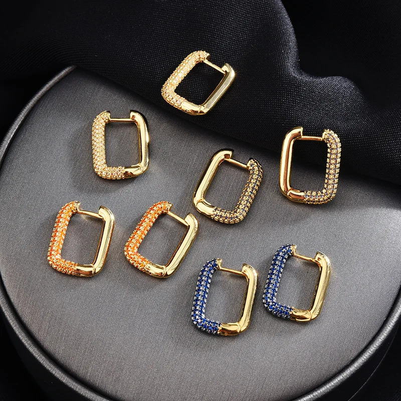 CZ nosorogovo pravokotnik hoop uhani za ženske pozlačeni kvadratnih geometrijo minimalističen, oranžna, modra luksuzni modni uhani