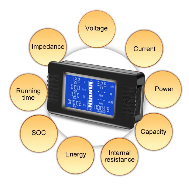 DC Multimeter 0-200V 0-10A Baterije Tester Voltmeter Ampermeter Moč Napetost Trenutno Impedanca Zmogljivost, Energijo, Čas Meter Zaslon