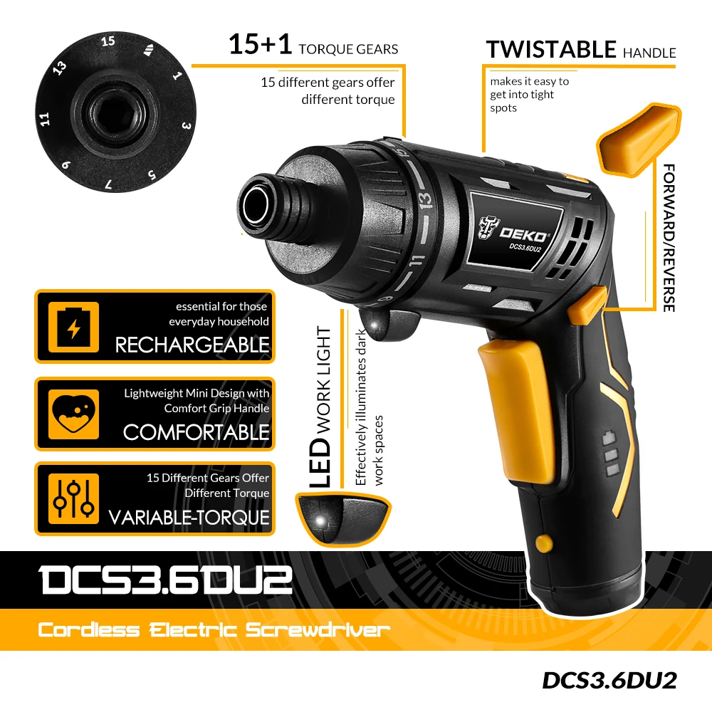 DEKO DCS3.6DU2-S1 Akumulatorski Električni Izvijač za Polnjenje Moč, Izvijač Gospodinjski DIY Twistable Ročaj Brezžični LEDTorch