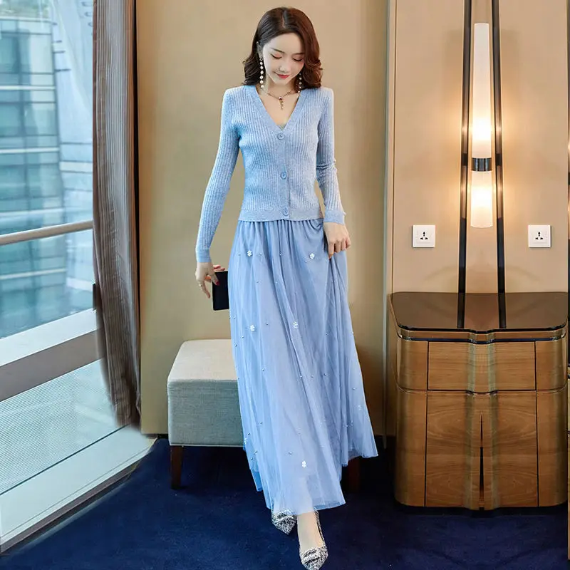 Elegantno 3 Kos Postavlja ženske obleko korejski Beading Naguban Očesa Krilo + V-Vratu Pletene Cardigan + Vrhovi Tank Pomladni Vintage Elegantna Obleka