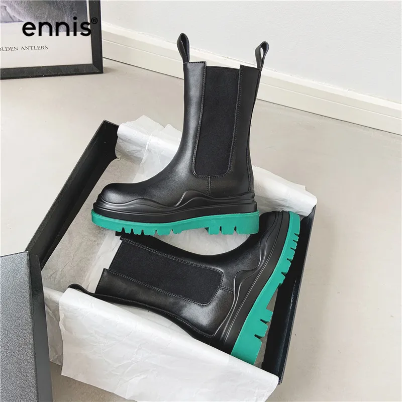 ENNIS Oblikovalec Black Chelsea Škornji Debelo Dno Platforma Čevlji Škornji Jeseni, Pozimi Ženske Škornji Ravno Čevlji Zelena 2020 A40A