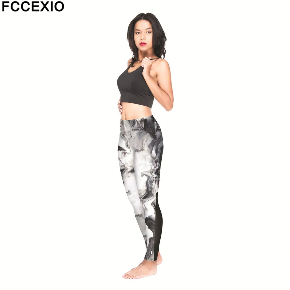 FCCEXIO Whosale Nov Ženski Uvježbavanje Hlače Visoko Pasu Fitnes Dokolenke Marmor Črn 3D Tiskanja Leggins Ženske Dokolenke Slim Hlače