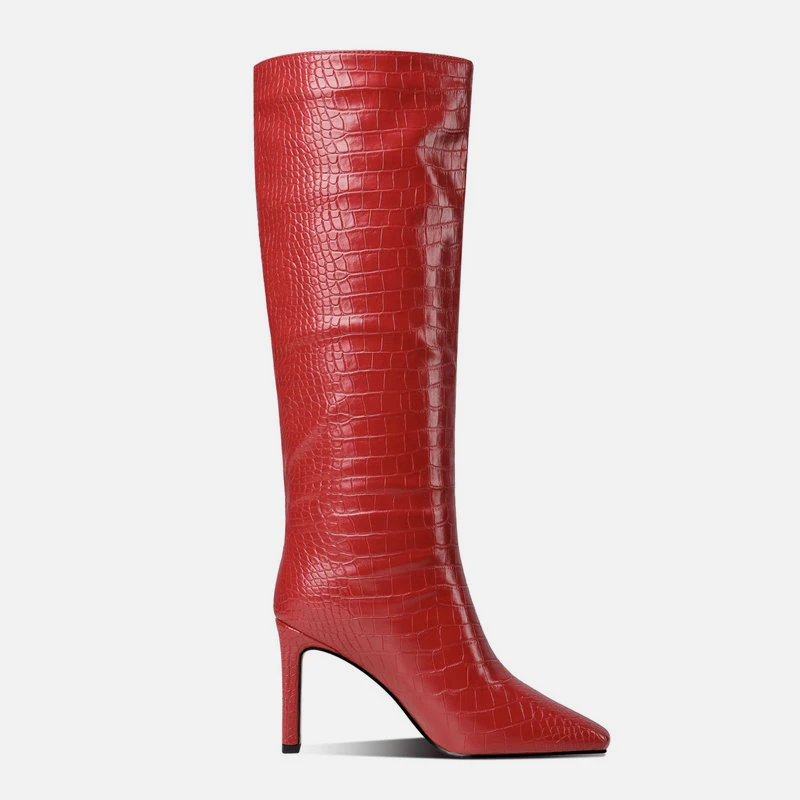Grenn Kvadratni Toe Močen Blok Škornji Ženske Modni Umetno Usnje Bomba Škornji Zimski Kolena Visoki Škornji Plus Velikost Leni Čevlji Rdeča, Bež