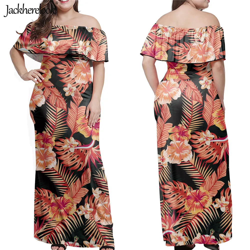 Jackherelook Tropskih Havajski Cvetlični Poletje Ženske Off Rami Obleko Maxi Oversize Oblačila So Večplastna Ruffle Stranka Dolge Obleke