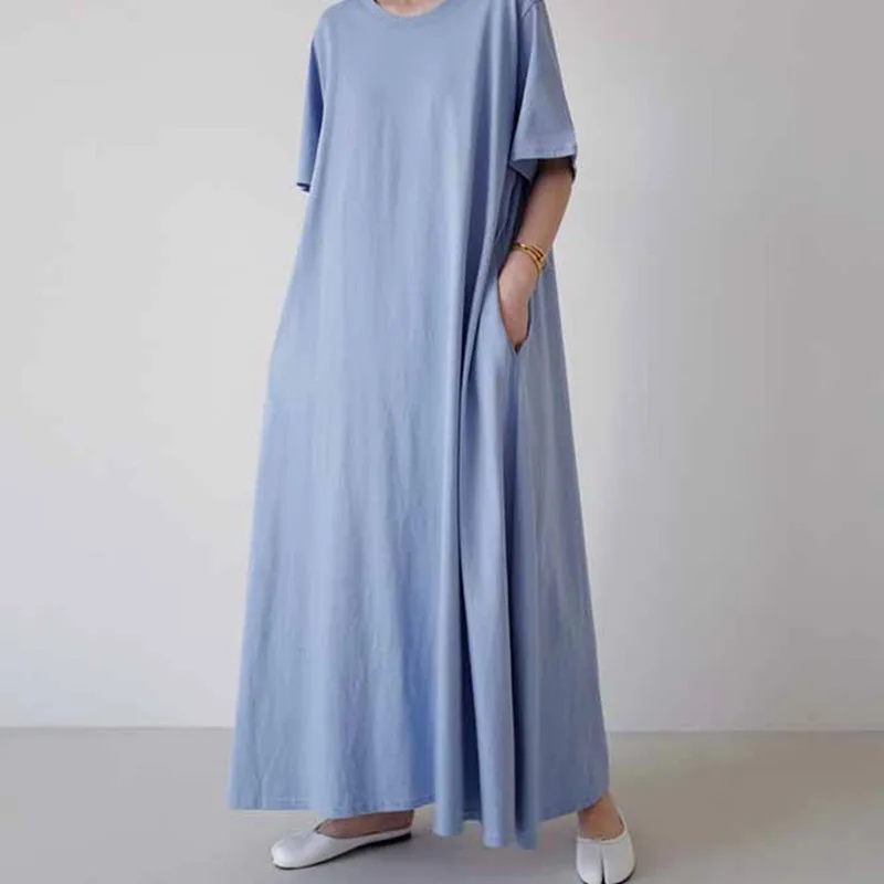 Johnature Poletje Novi korejski Preprosto-Line Barva Ženske Obleke 2021 Priložnostne O-vratu Kratek Rokav Vse Tekme Žepi Obleko