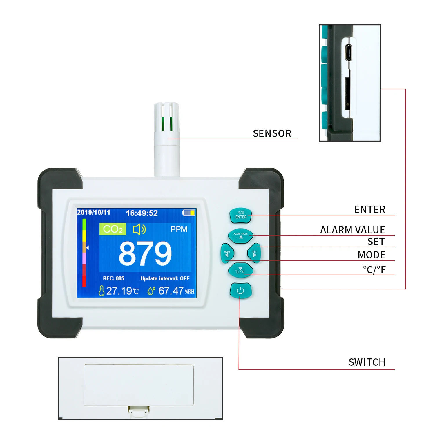 Kakovost zraka Monitor Co2 Senzor, Detektor z Baterijo za ponovno Polnjenje CO2 Meter Tester za Plin Ogljikov Dioksid, Detektor Plina Analyzer