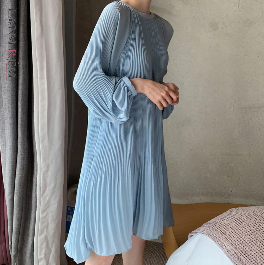 LANMREM 2021 Novi korejski Poletje Moda za Ženske Obleke Počitnice Obleke Luč Rokavi Pulover Svoboden Šifon Obleko Naguban WG686