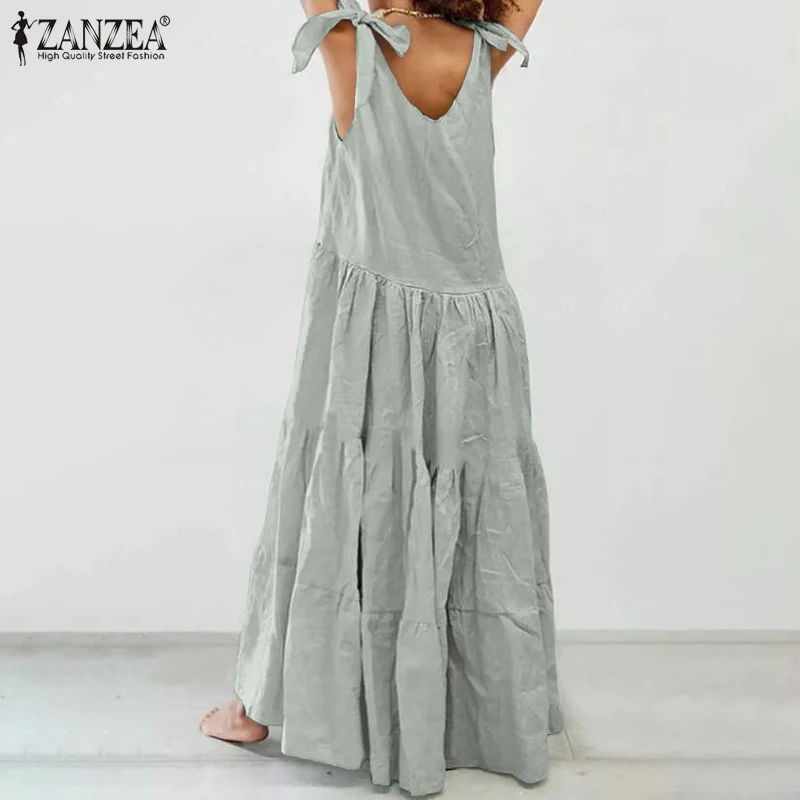 Moda Trdna Poletje Obleko Maxi ZANZEA 2021 Žensk Ruffle Sundress Čipke Tank Vestidos Ženski Priložnostne Haljo Femme Plus Velikost