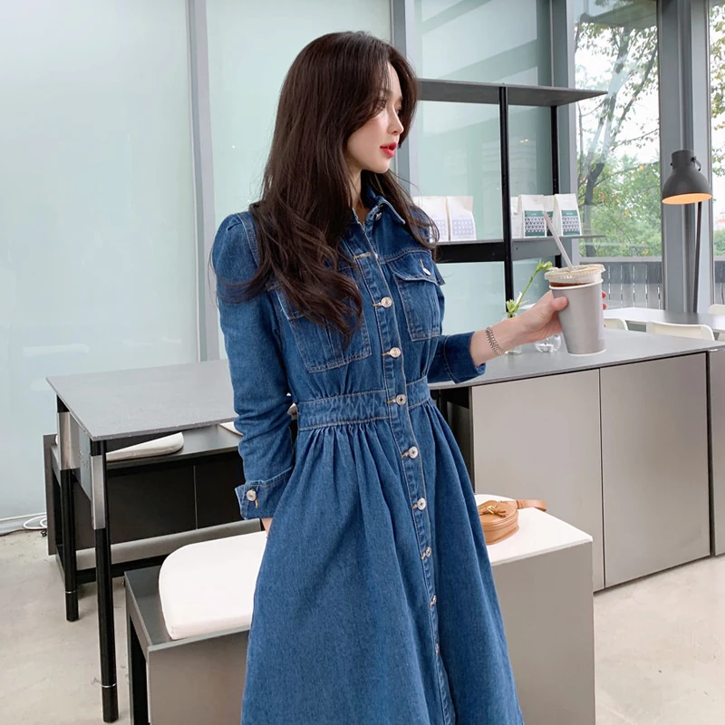 Moda za ženske obleko 2020 jeseni novi korejski slog temperament pasu hujšanje elastični pas velikem zamahu krilo dolgo jeansa obleko