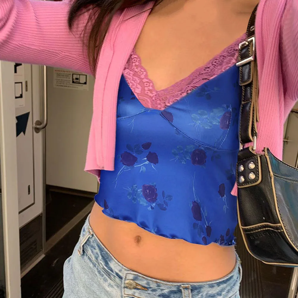 Modra crop zgornji del ženske majice s traku Y2K estetike vrhovi ženske letnik camisold poletje 2020 E-dekle mozaik čipke tee