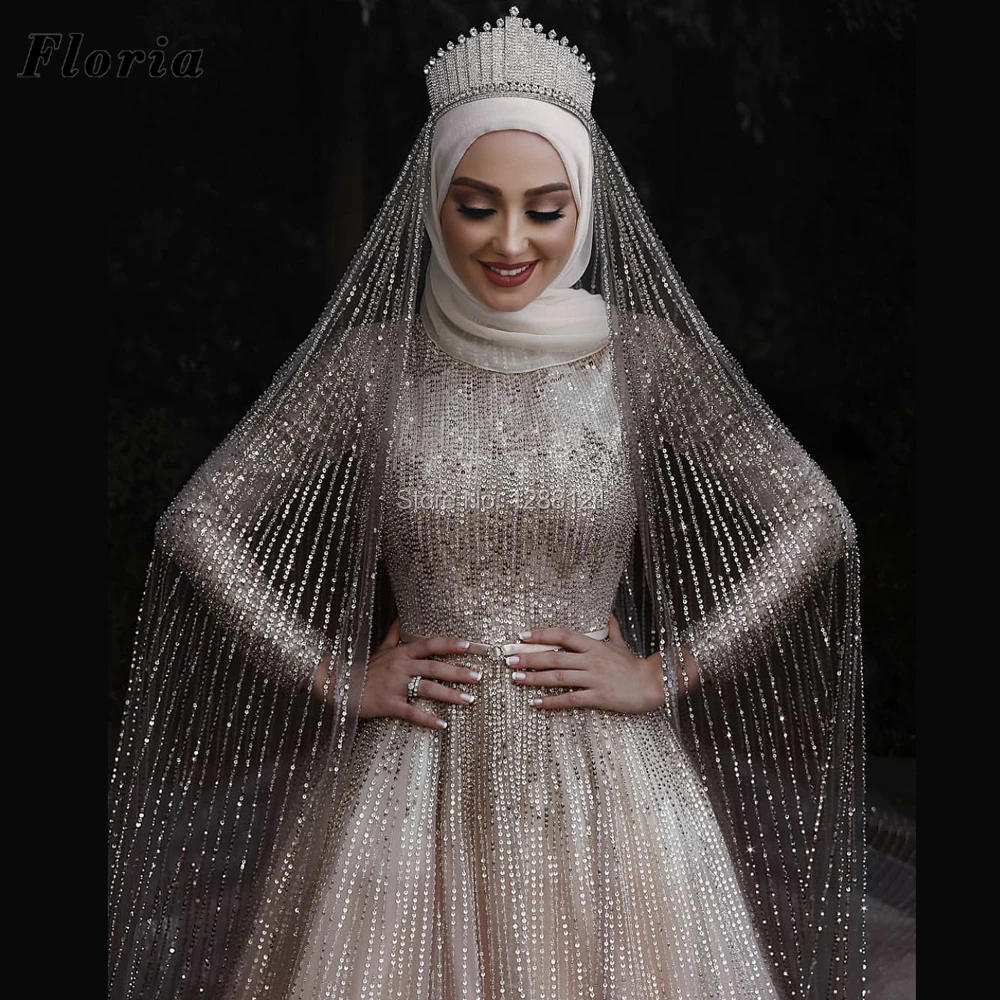 Najnovejši Arabski Beading Poročne Obleke Beaded Kristali Poročne Obleke Muslimanskih Dolgo, Poroka, Nevesta Obleke 2020 Po Meri Vestidos De Noiva