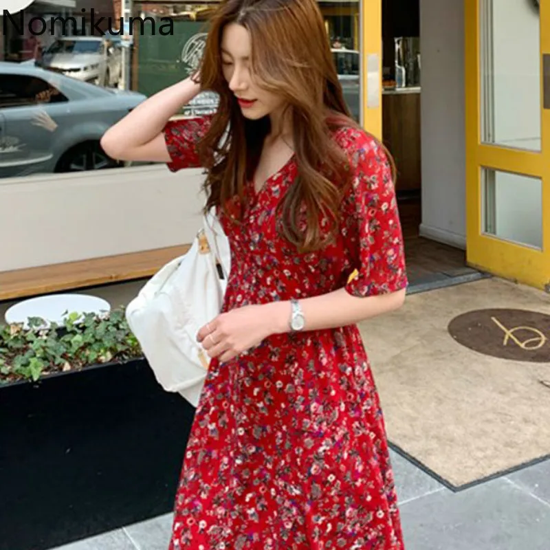 Nomikuma V Vratu Kratek Rokav Vintage Obleko Ženske Cvjetnim Natisne Vitek Pas Obleke Ženska korejski Elegantno Vestidos Mujer 3c114